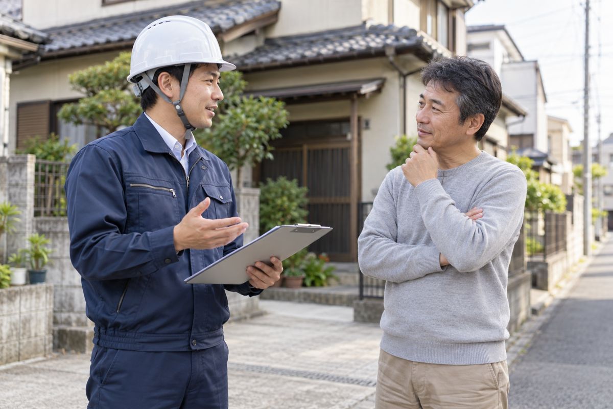 住宅の前で解体工事の現地調査について相談するイメージ